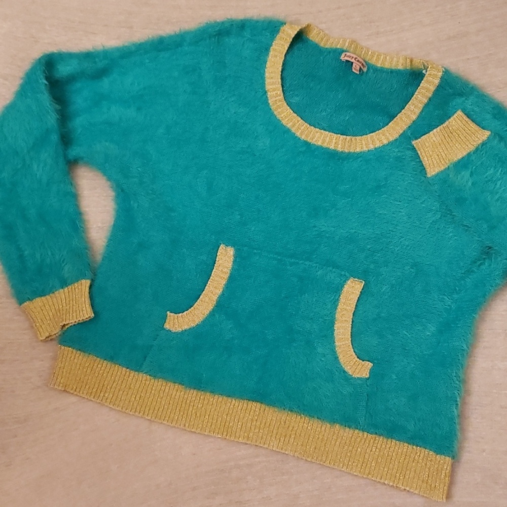 SUPER comfy Juicy Couture teal/gold fuzzy sweater
